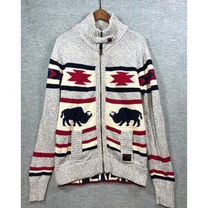 Superdry Womens Knit Buffalo Zip Up Cardigan Sweater XL Blue/White/Red